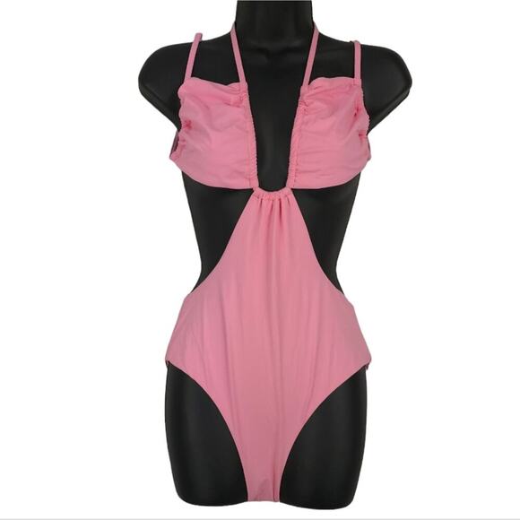 WeWoreWhat Cut Out One Piece Swimsuit Baby Pink Halter Runched Cup Tie - Picture 6 of 16